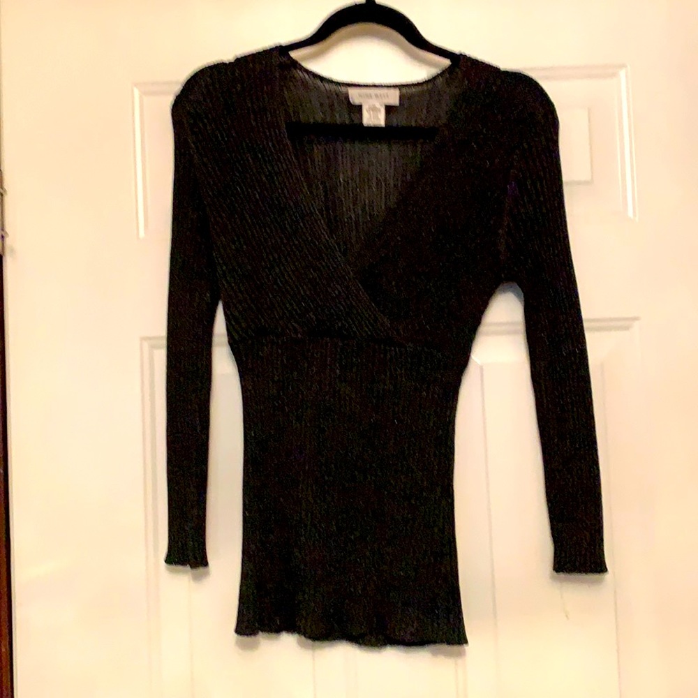 Nine West Black Sparkle Deep V-Neck Sweater XL Stretch Lightweight Timeless Glam